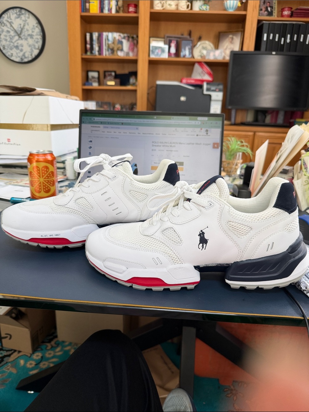 Polo by Ralph Lauren White Sneakers with mesh Navy & Red Accents Mens 10.5
